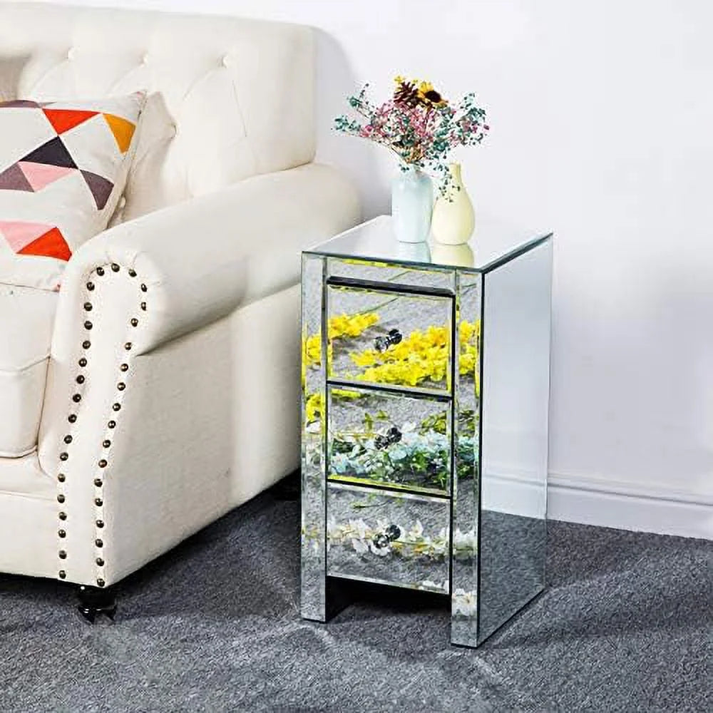 Mirrored Nightstand with 3 Drawers Silver L3469