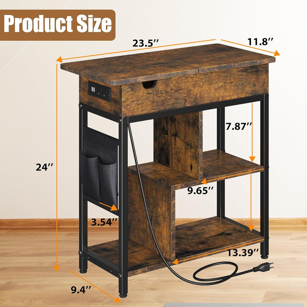 Side Table with Charging Station, Flip Top End Table with USB Ports and Outlets J8219