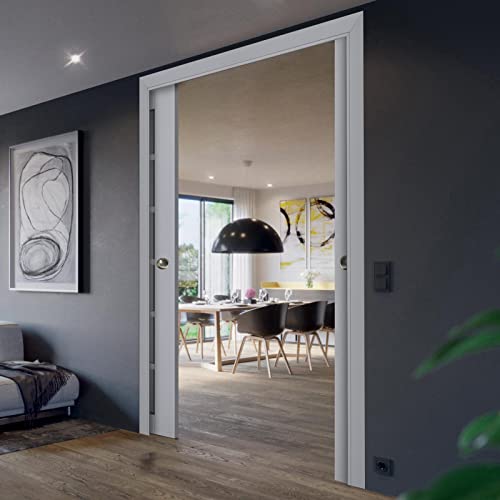 Matte Grey Frosted Glass Sliding French Double Pocket Doors 48 x 80 inches Solid Wood K5141