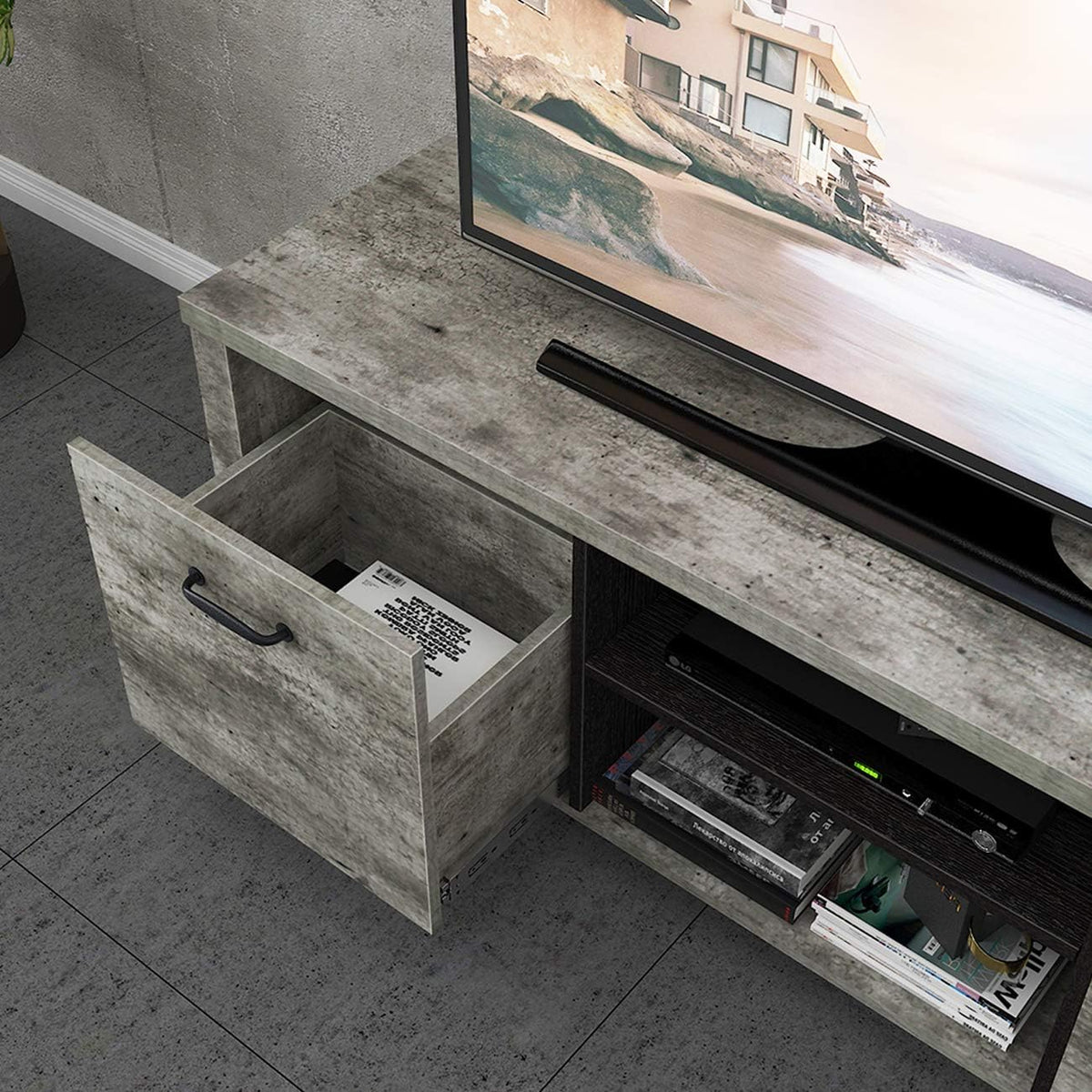 Light Grey Wood TV Stand with Two Drawers C3097