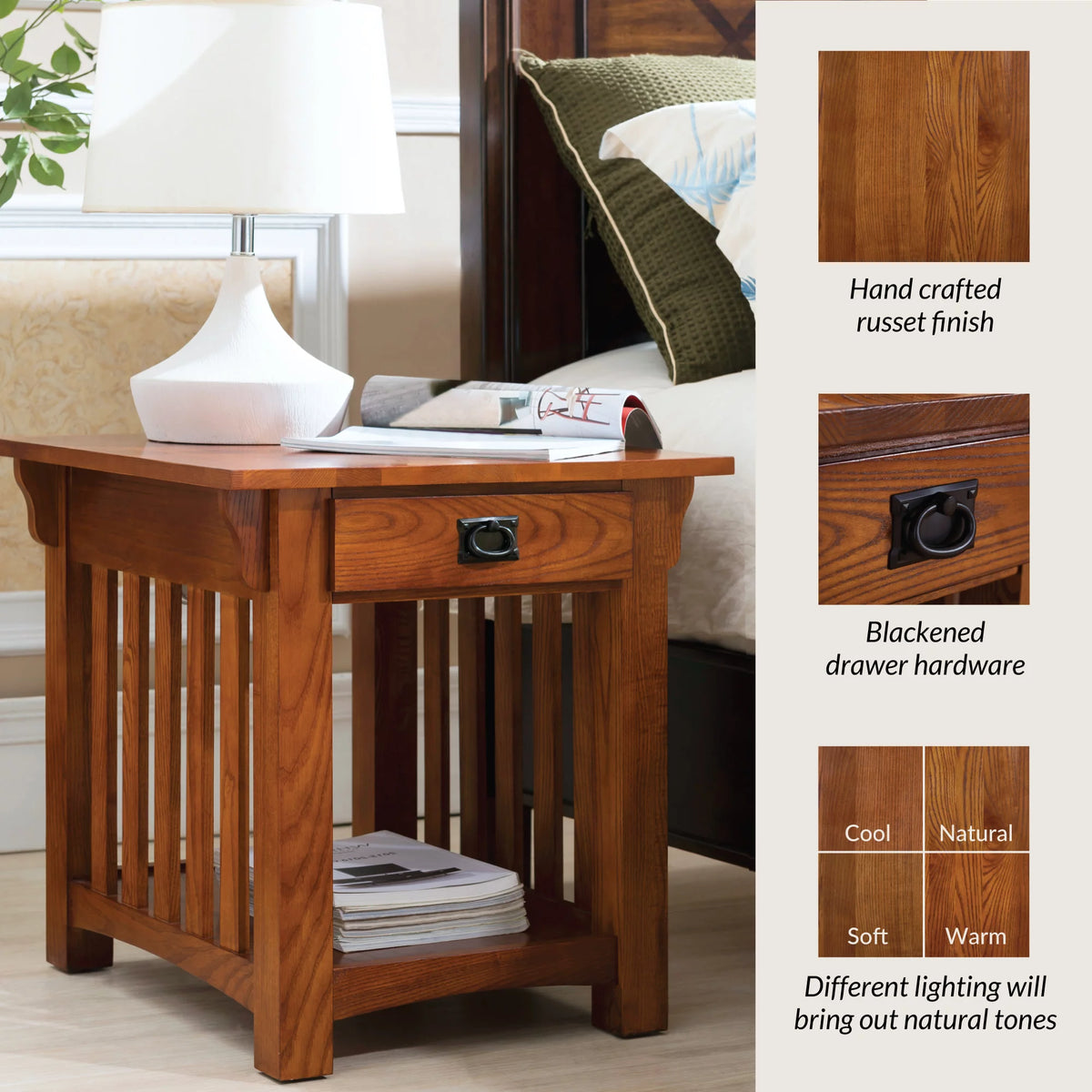 Medium Oak Solid Wood End Table with Drawer D957