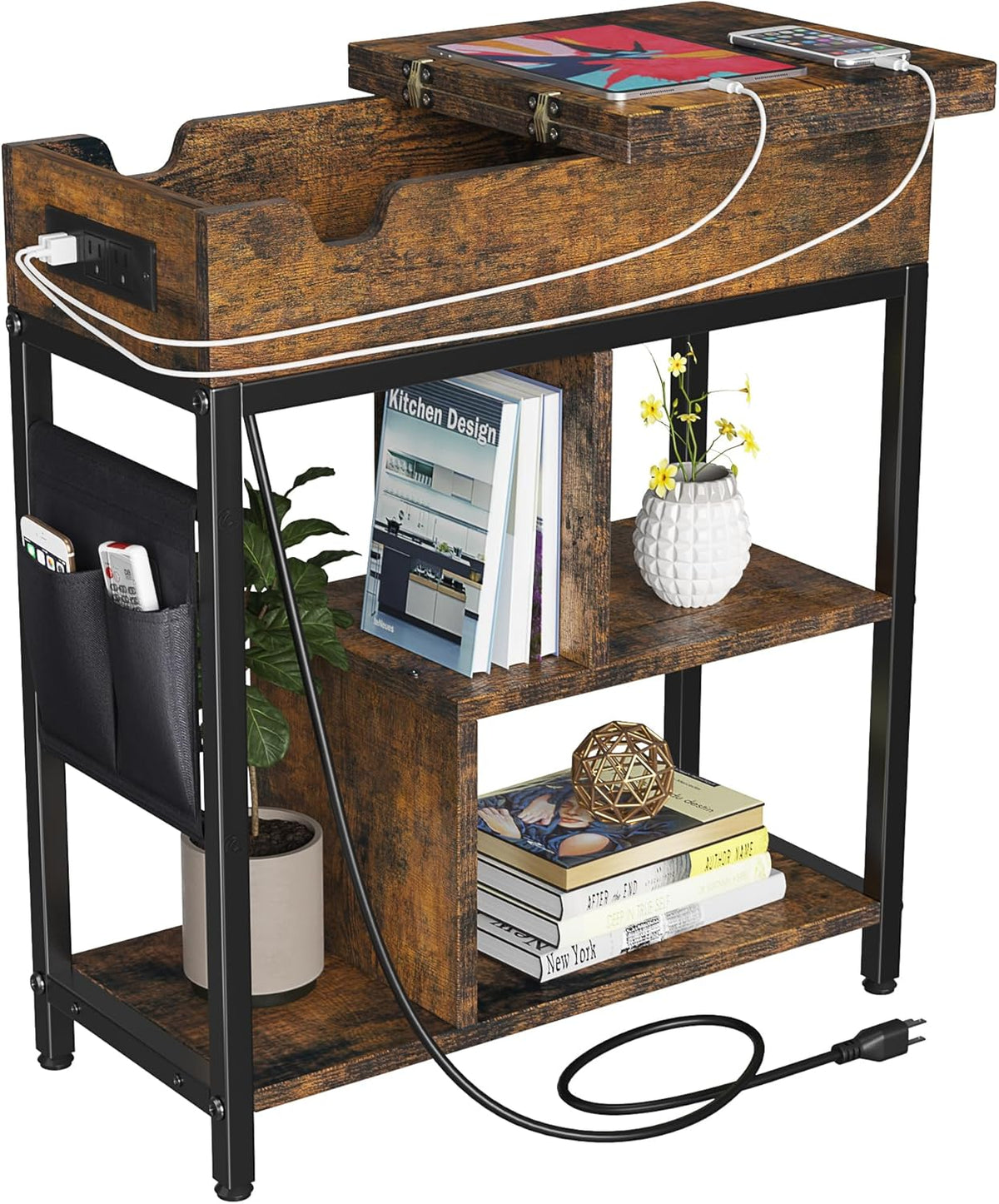 Side Table with Charging Station, Flip Top End Table with USB Ports and Outlets J8219