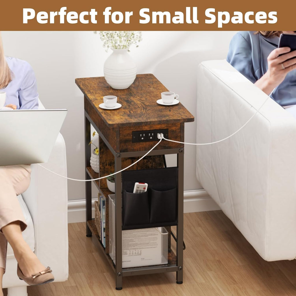 Side Table with Charging Station, Flip Top End Table with USB Ports and Outlets J8219