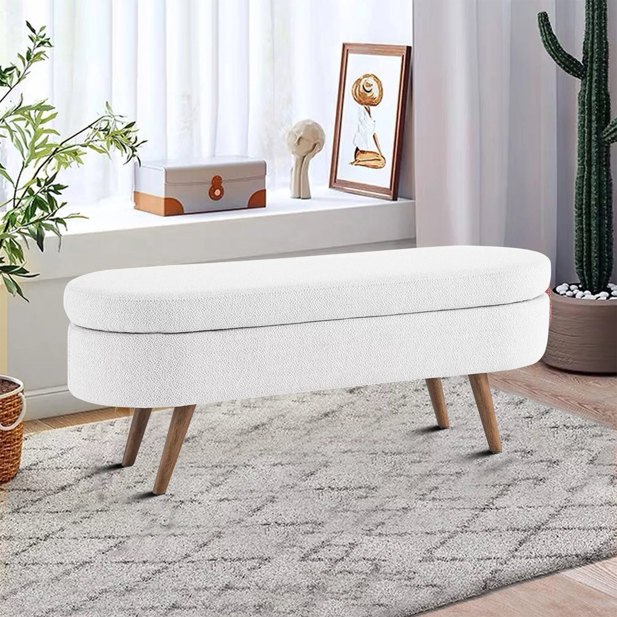 Linen Fabric Oval Storage Bench with Rubber Wood Legs H607291