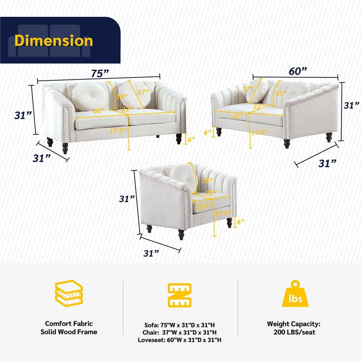 3 Piece Velvet Sofa Loveseat and Chair S15423