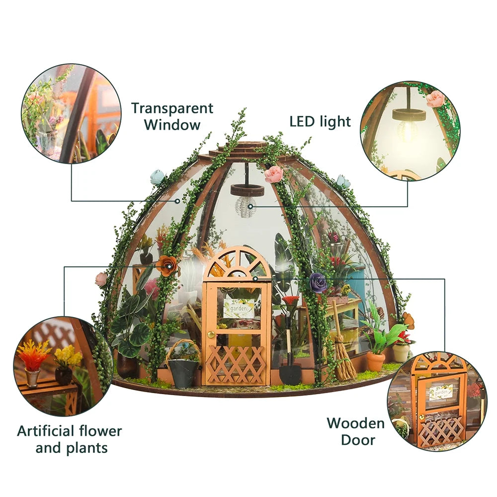 DIY Miniature Dollhouse Kit Wooden Green House LED Light Kids Toy D5166