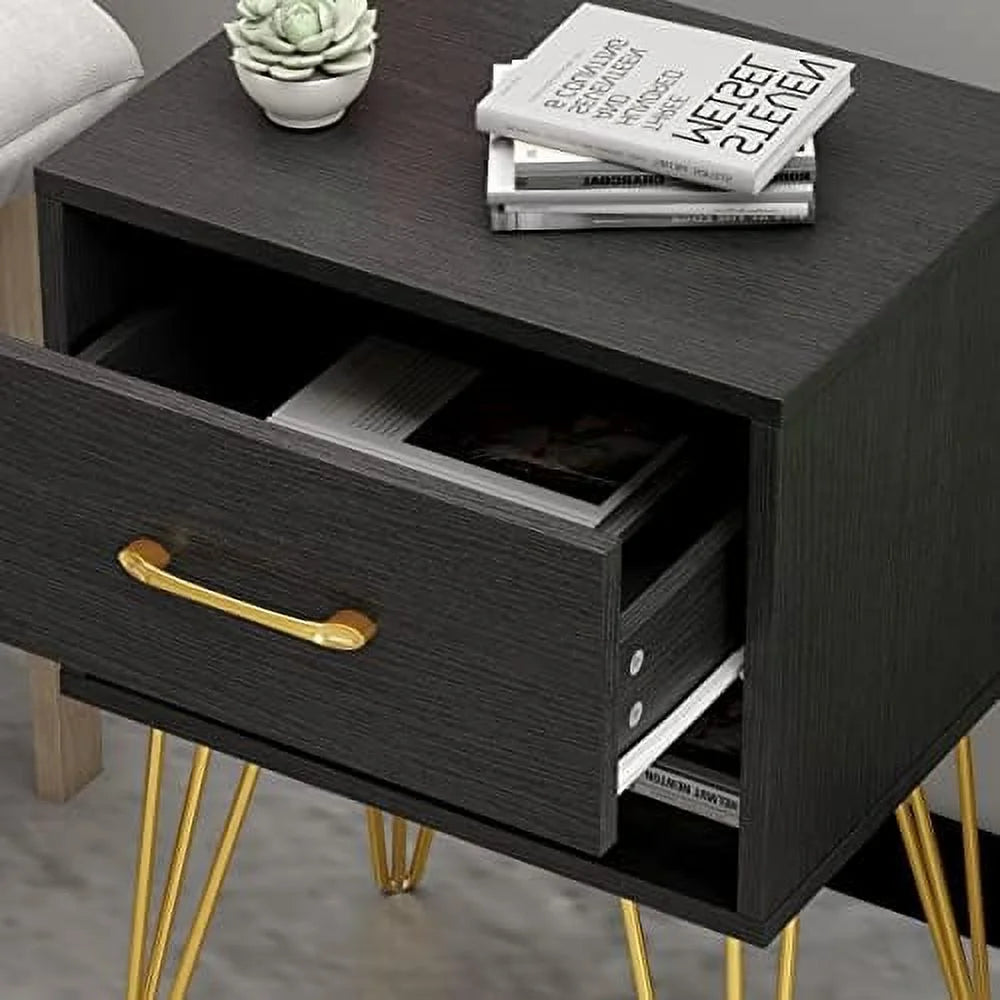Black Nightstand Set of 2 Wooden End Table with Drawer V270