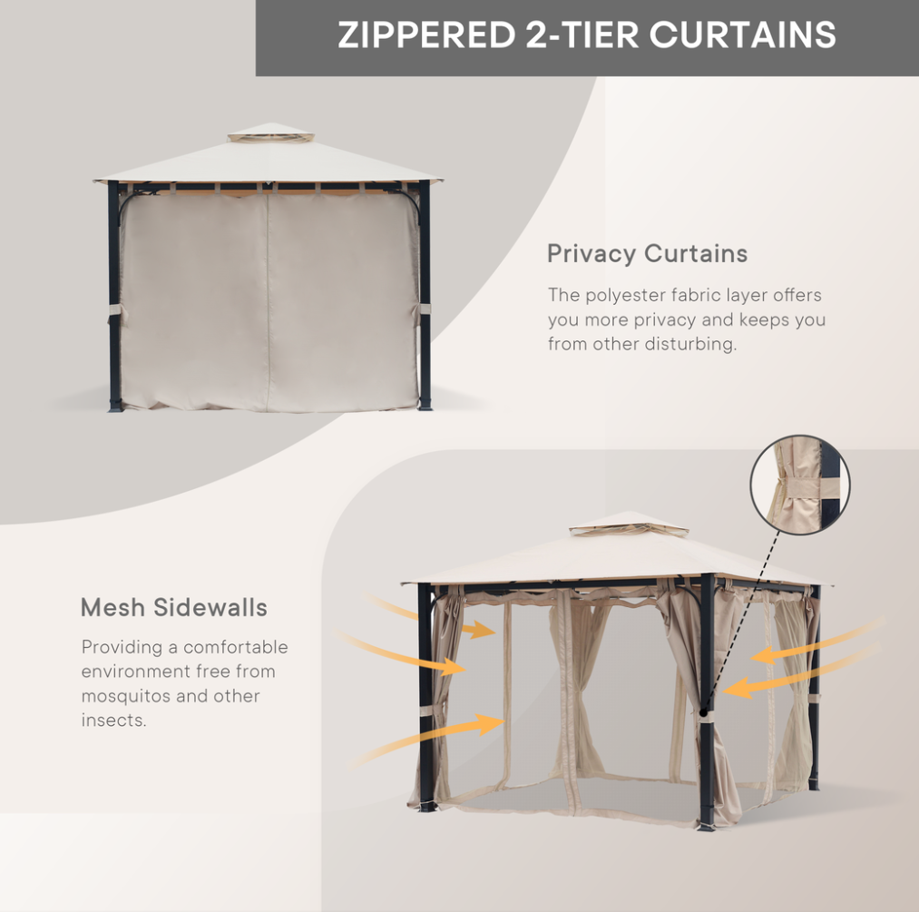 10 x 10 Outdoor Polyester Gazebo with Mosquito Netting and Privacy Curtains U524