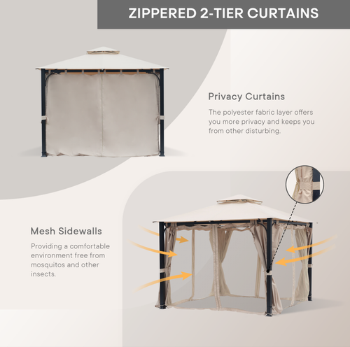10 x 10 Outdoor Polyester Gazebo with Mosquito Netting and Privacy Curtains U524