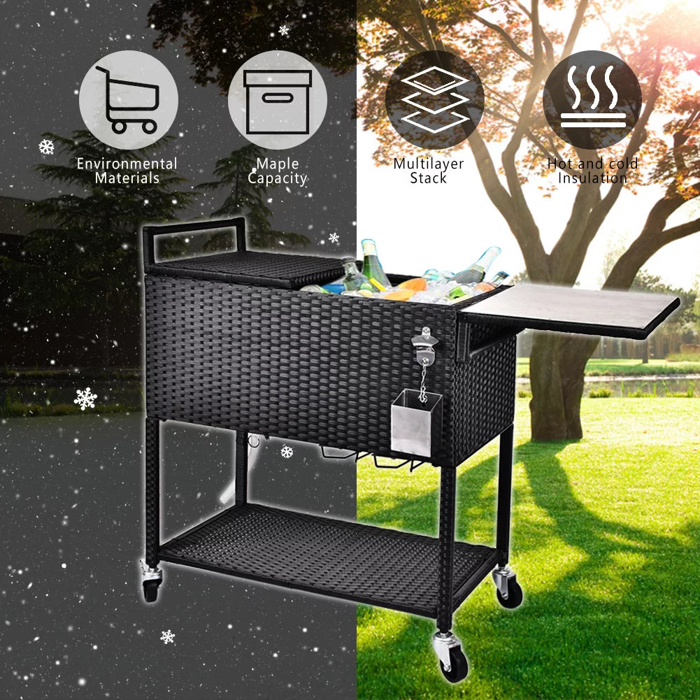 80 Quart Rattan Rolling Cooler Cart W1986
