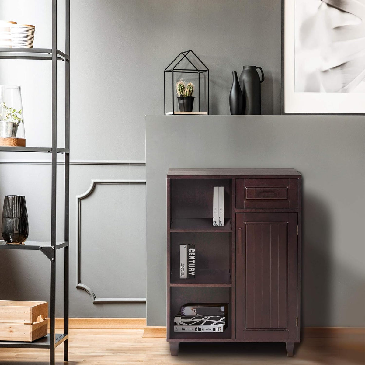 Espresso Wooden Freestanding Floor Cabinet with 3 Open Shelves 1 Drawer 1 Door V614