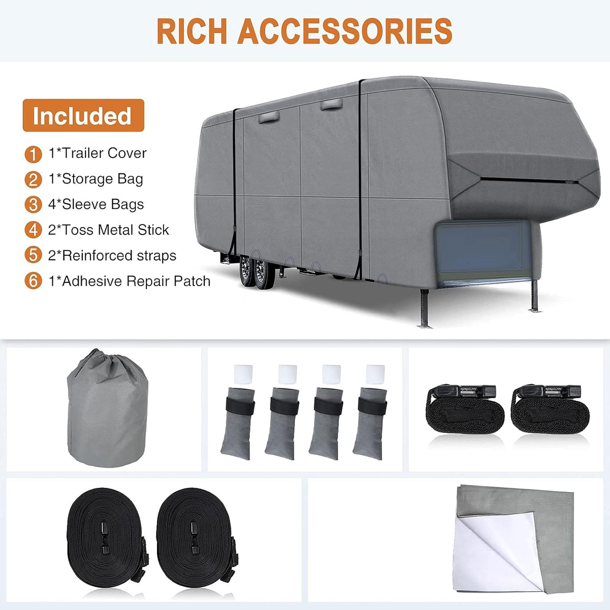 5th Wheel RV Cover Heavy Duty Camper Cover with 2Pcs Straps & Gutter Covers U64176