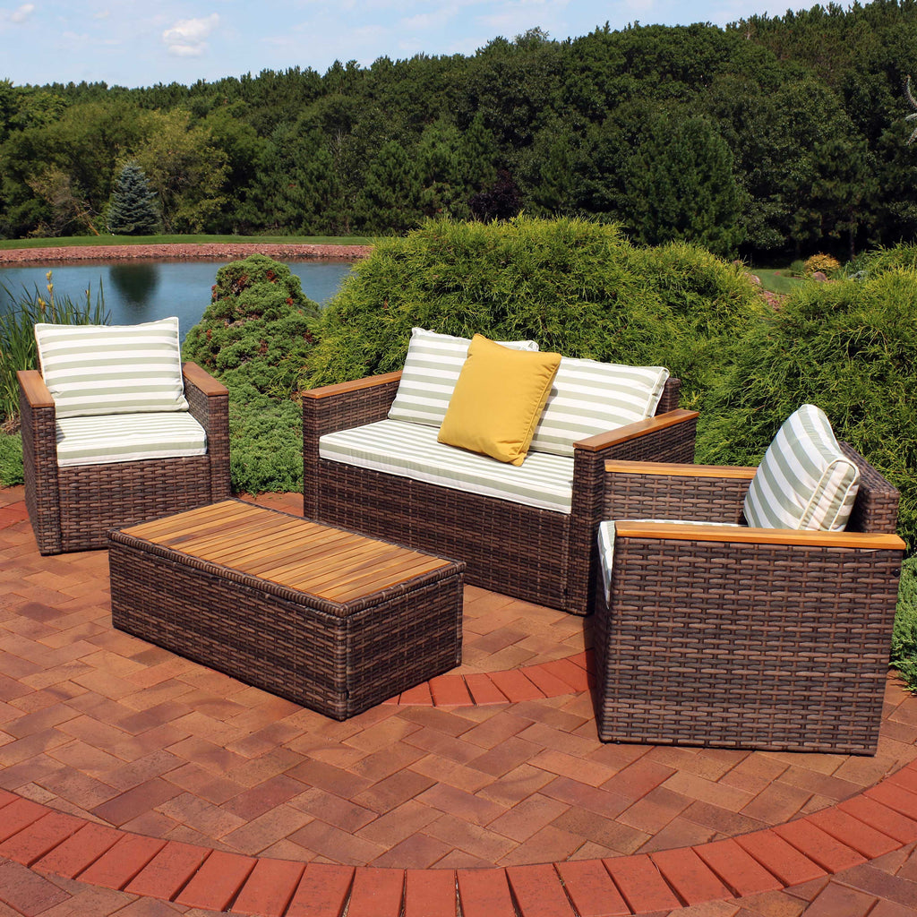 Rattan and Acacia Wood 4pc Patio Conversation Furniture Set with Cushions X2436