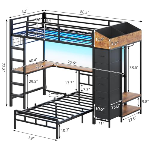 Twin Over Twin L-Shaped Bunk Bed with Desk, 5 Storage Drawers, Guardrail & Stairs, Black C5794