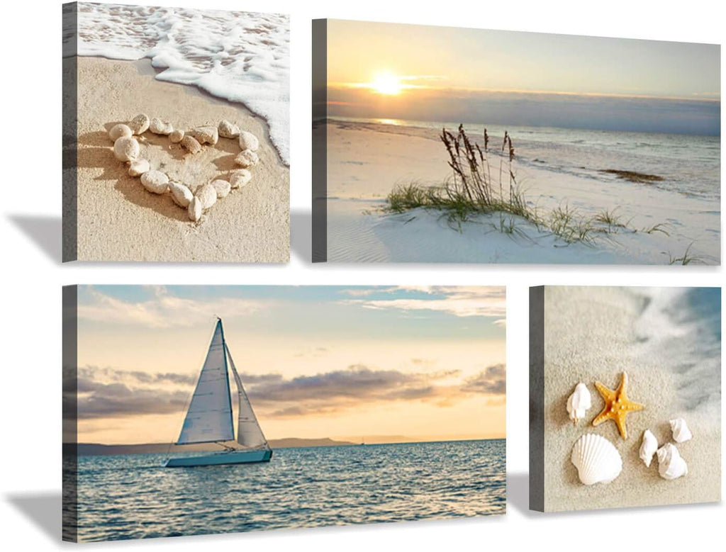 Sunset Canvas Art Seascape Painting with Sailboat Wall Art, 32'' x 16'' x 2 Panels + 16'' x 16'' x 2 Panels P14619