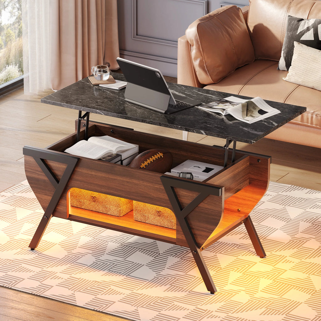 Lift Top Coffee Table with LED Lights and 2-Tier Storage Shelf P160164