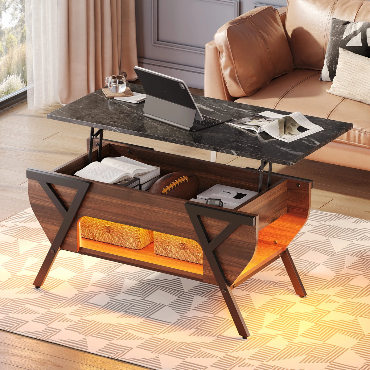 Lift Top Coffee Table with LED Lights and 2-Tier Storage Shelf P160164