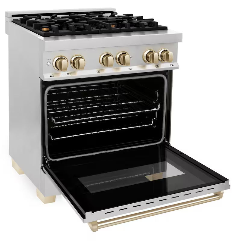 4 Burner Dual Fuel Range in Stainless Steel and Polished Gold N401