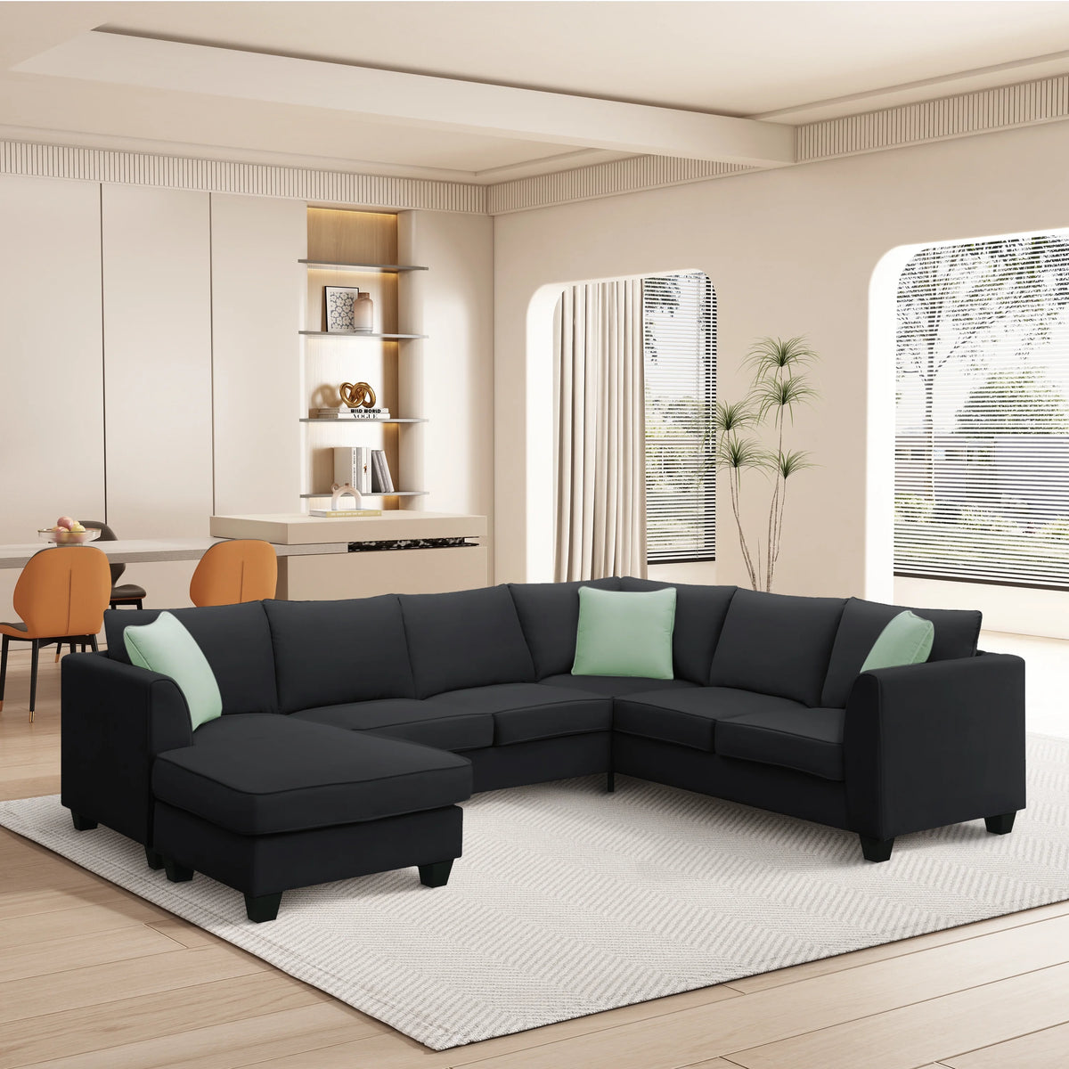 Black 7 Seats L Shape Fabric Sectional Sofa with Storage Ottoman O418