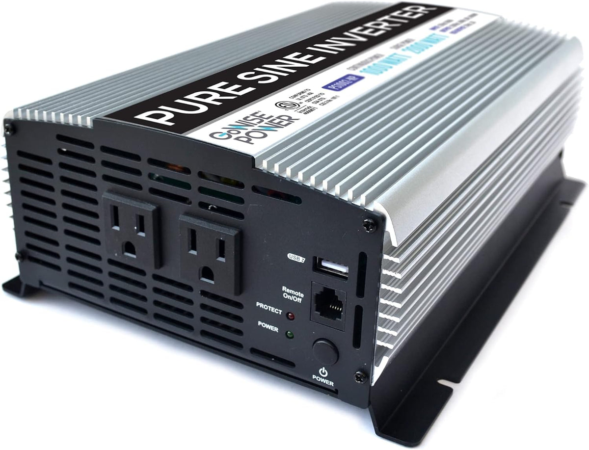 1000W Pure Sine Wave Inverter 12V DC to 120V AC with 2 AC Outlets and USB Port L1114