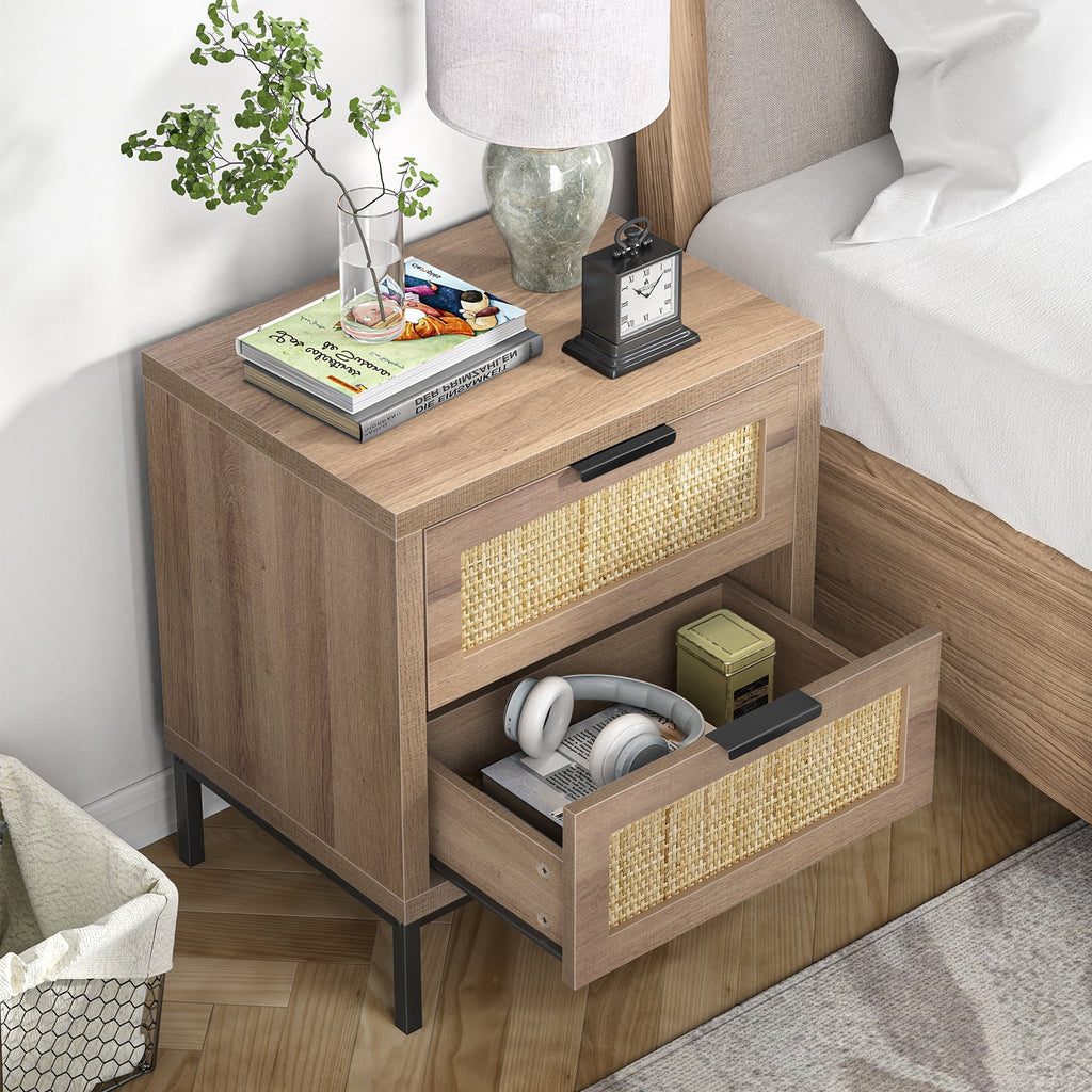 Modern Farmhouse 2 Rattan Drawer Wood Nightstand E959