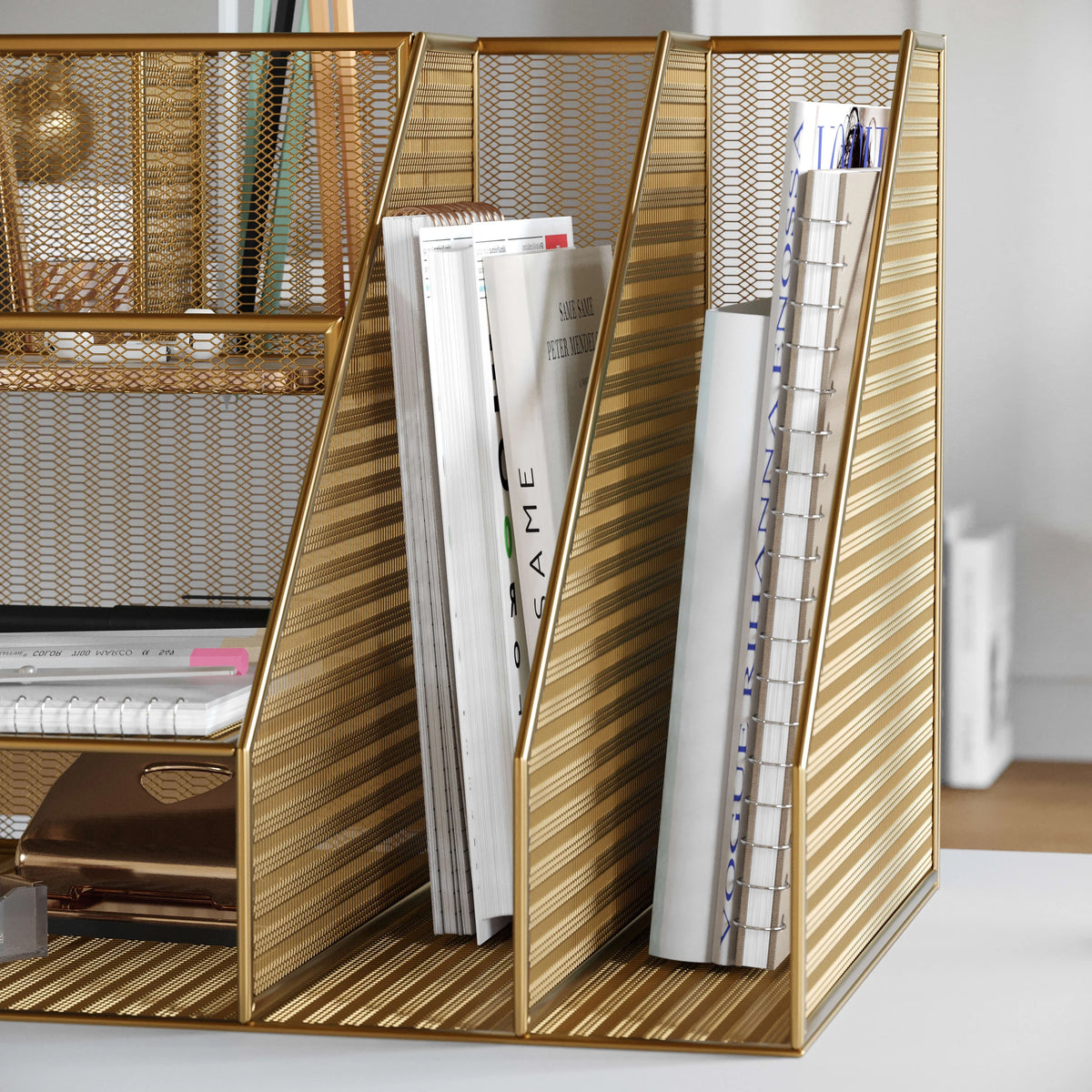 Gold Mesh Metal Desktop Organizer with Magazine File Holder N5054