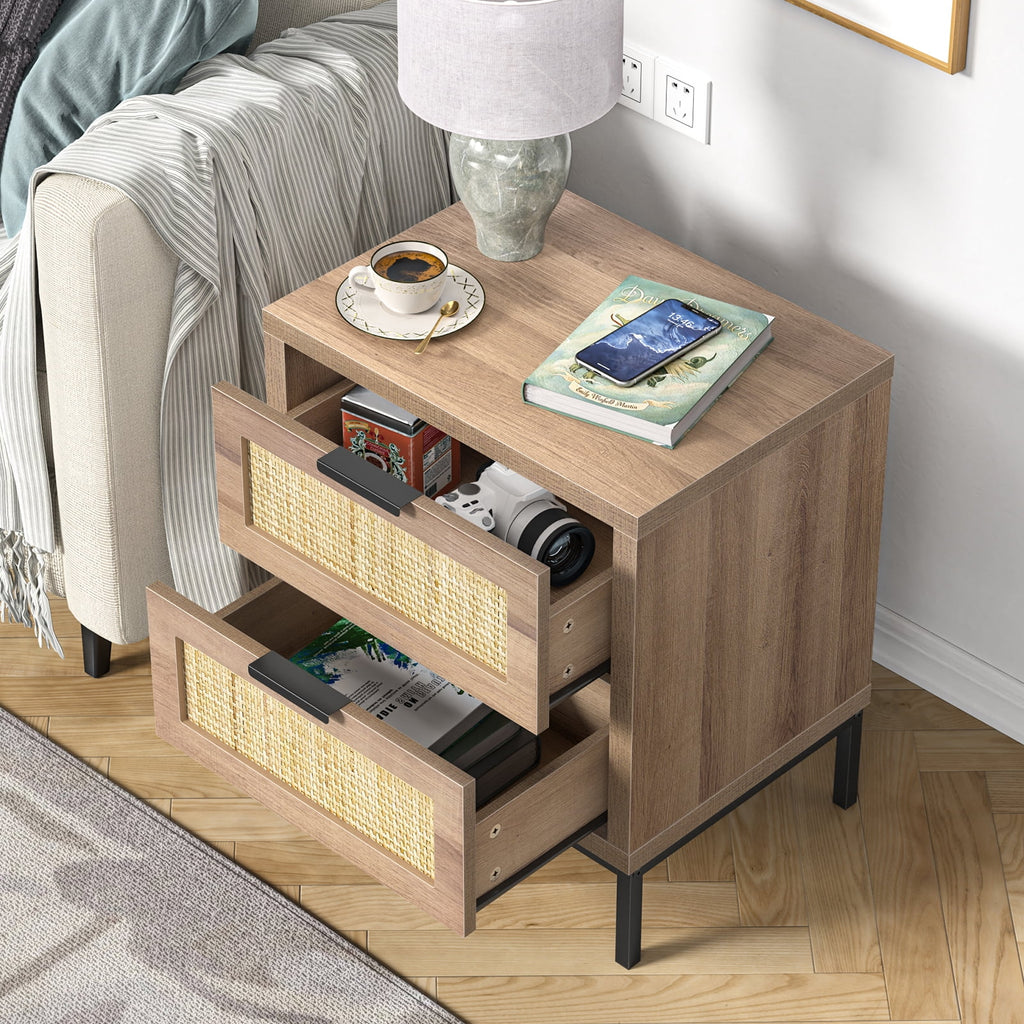 Modern Farmhouse 2 Rattan Drawer Wood Nightstand E959