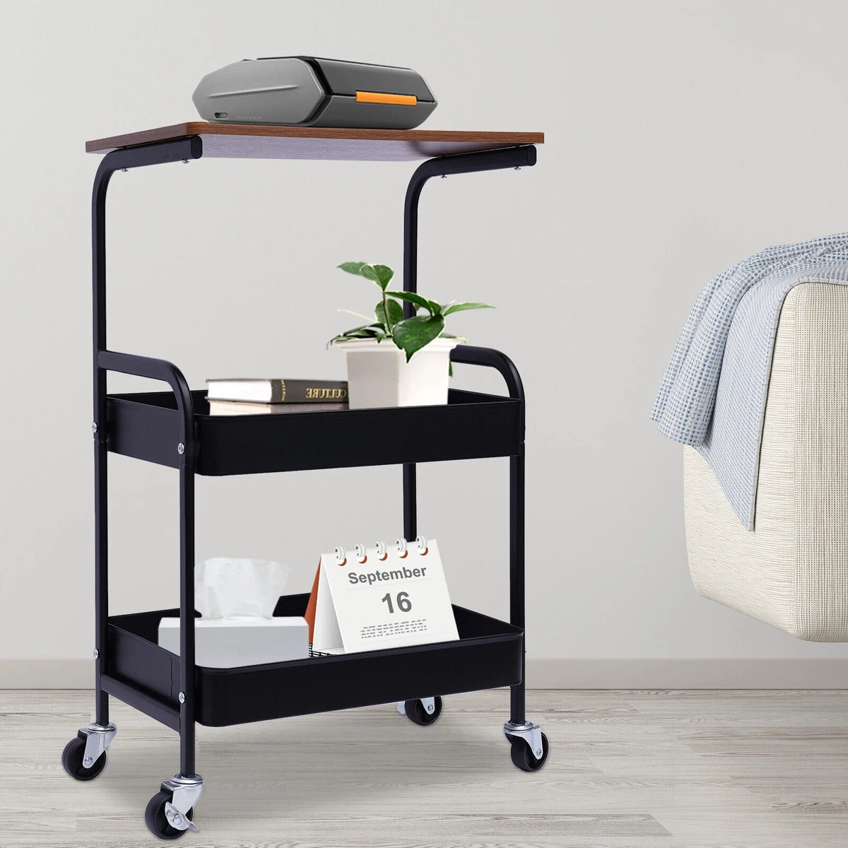 3 Tier Rolling Printer Cart with Wheel (Black+Brown) W1738