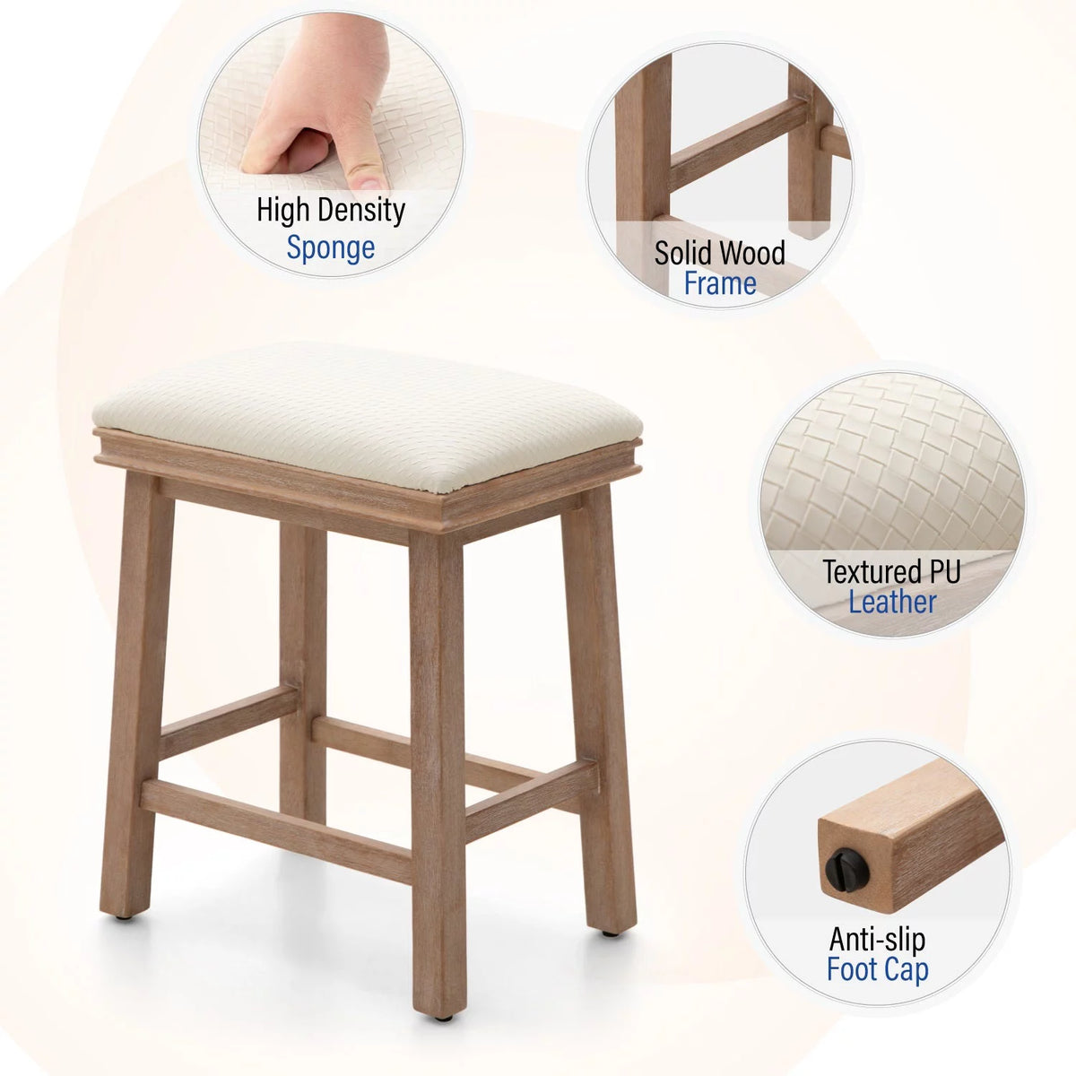 24" White PU Leather Counter Height Bar Stool Set of 2 B723634