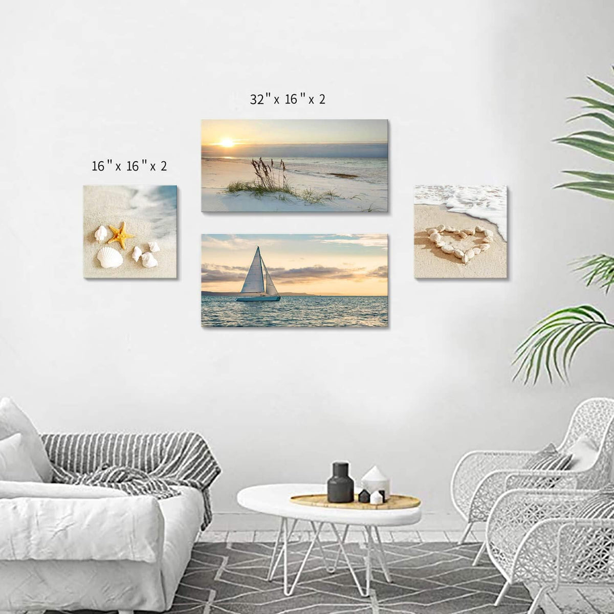 Sunset Canvas Art Seascape Painting with Sailboat Wall Art, 32'' x 16'' x 2 Panels + 16'' x 16'' x 2 Panels P14619