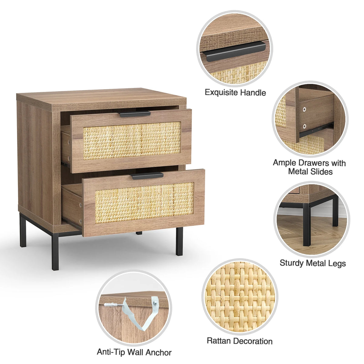Modern Farmhouse 2 Rattan Drawer Wood Nightstand E959