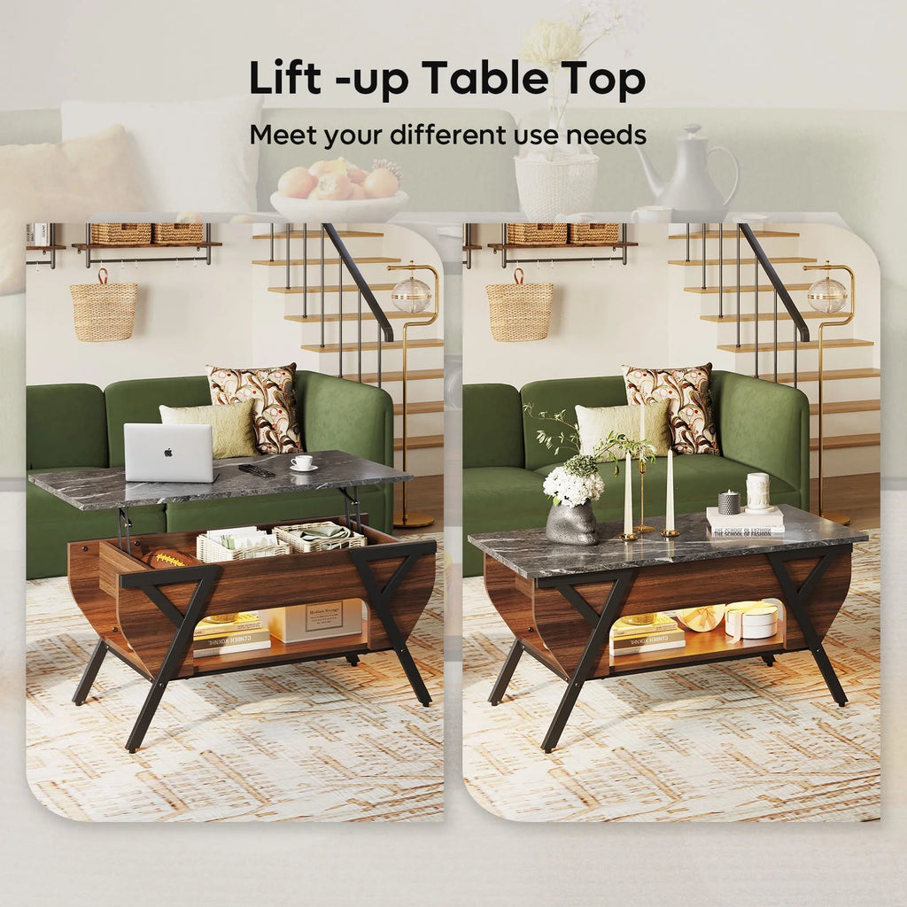 Lift Top Coffee Table with LED Lights and 2-Tier Storage Shelf P160164