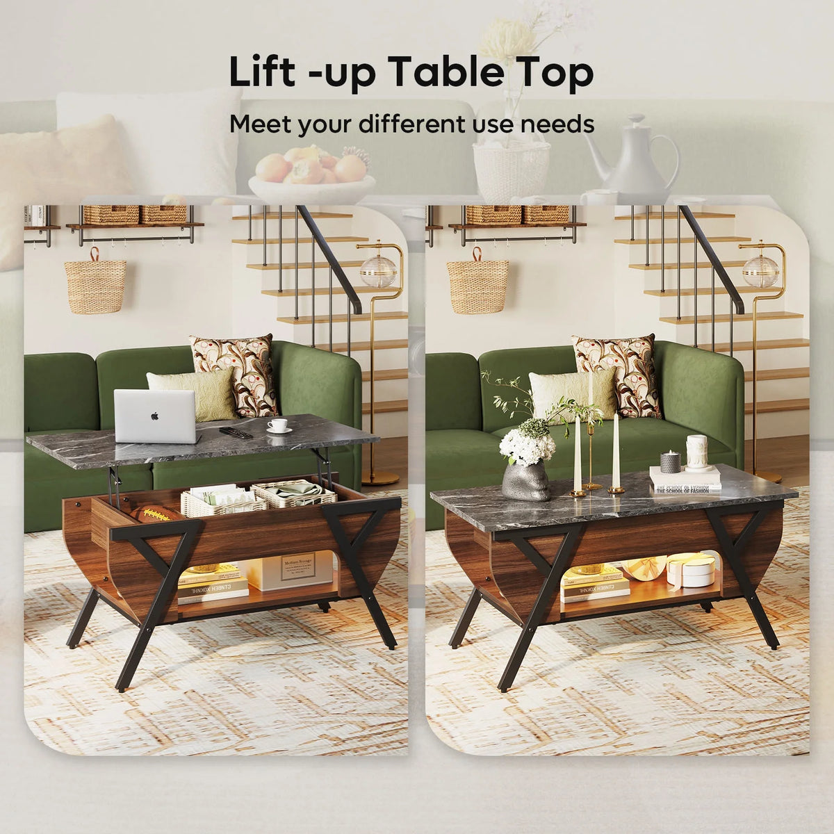 Lift Top Coffee Table with LED Lights and 2-Tier Storage Shelf P160164