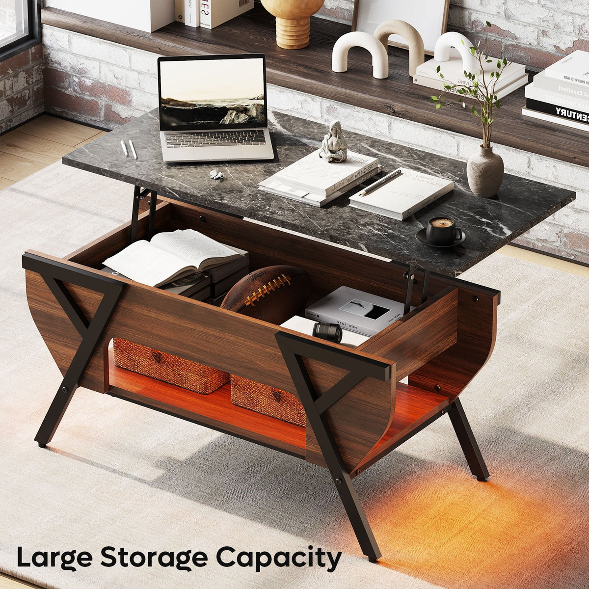 Lift Top Coffee Table with LED Lights and 2-Tier Storage Shelf P160164
