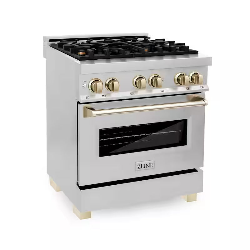 4 Burner Dual Fuel Range in Stainless Steel and Polished Gold N401