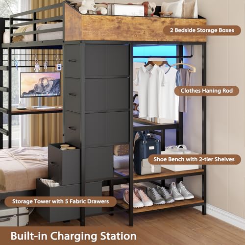 Twin Over Twin L-Shaped Bunk Bed with Desk, 5 Storage Drawers, Guardrail & Stairs, Black C5794