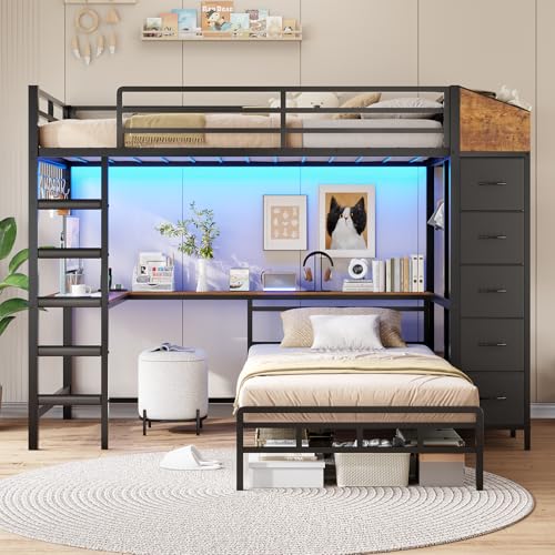Twin Over Twin L-Shaped Bunk Bed with Desk, 5 Storage Drawers, Guardrail & Stairs, Black C5794