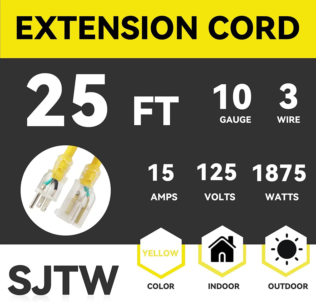 25 Ft 10/3 SJTW Yellow Outdoor/Indoor Extension Cord L253985