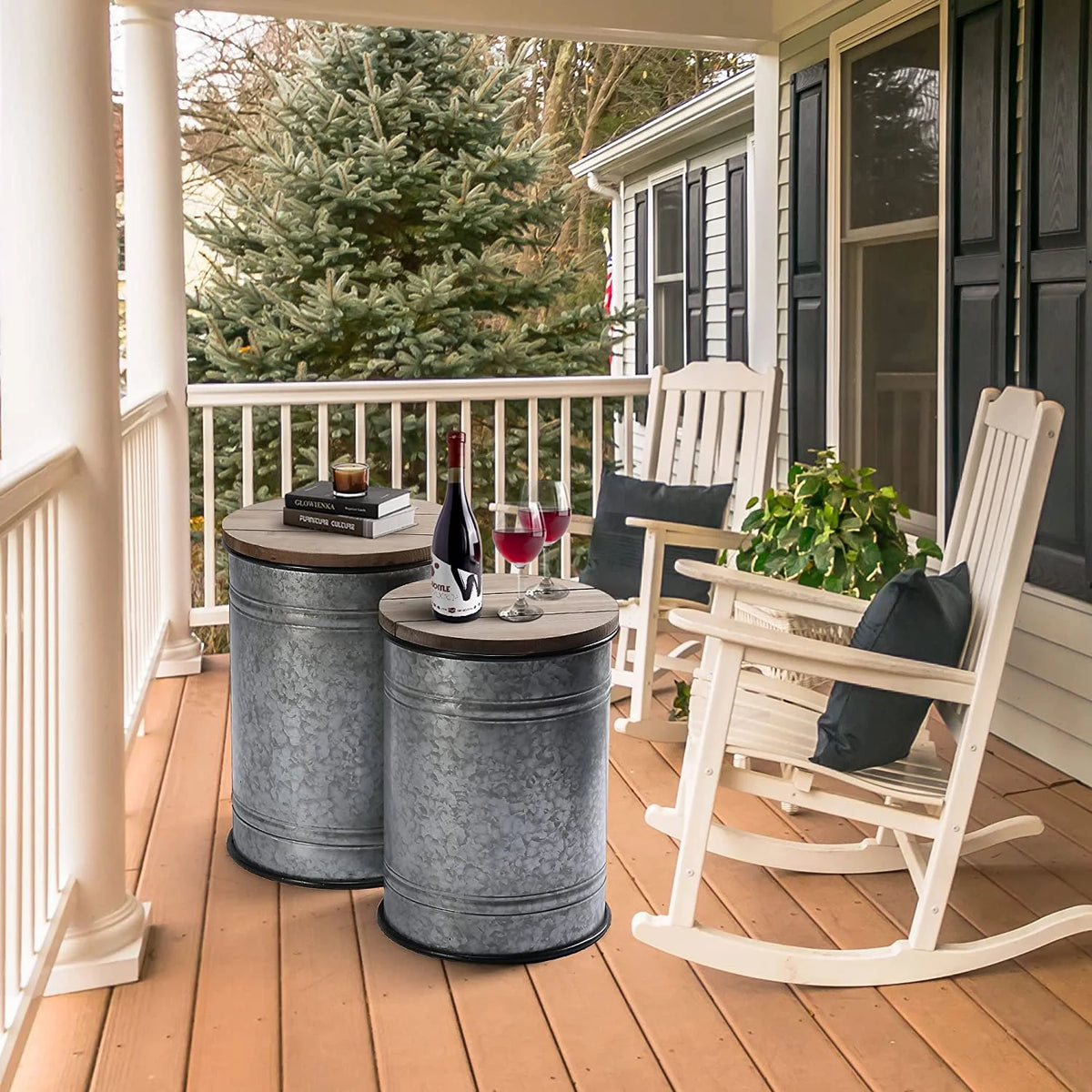 Galvanized Metal Side Table with Wood Lid M7056