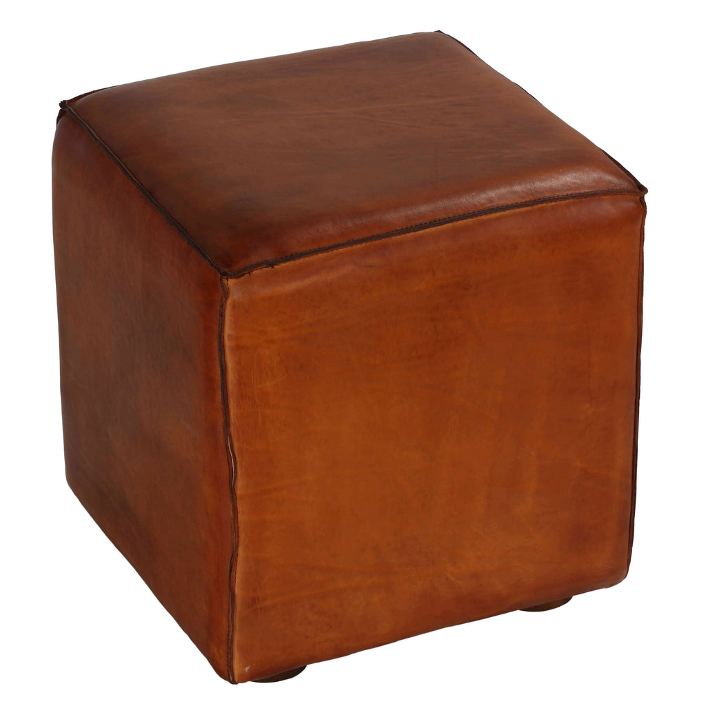 Saddle Brown Genuine Leather Cube Ottoman F39310