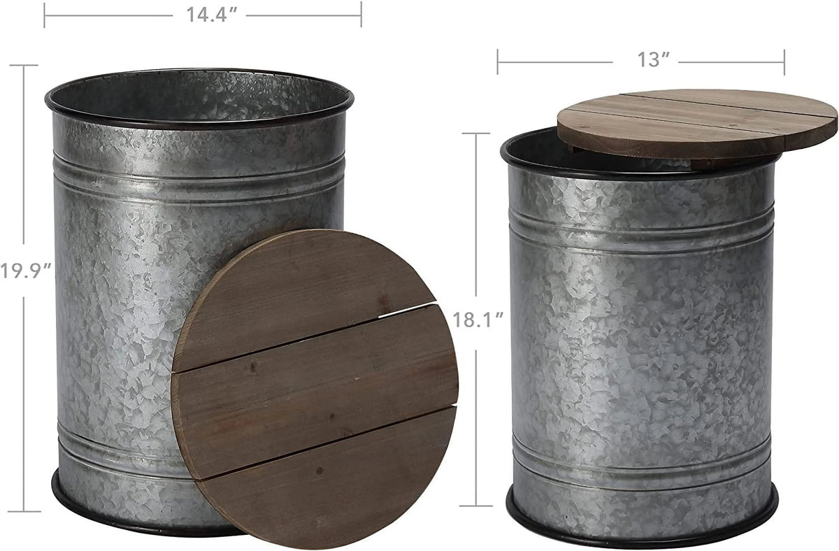 Galvanized Metal Side Table with Wood Lid M7056