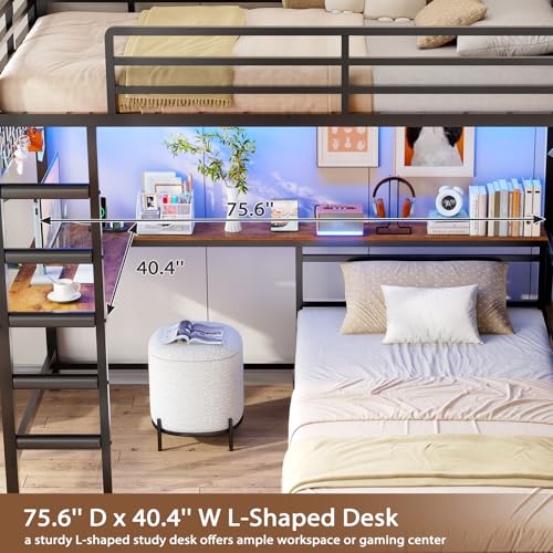 Twin Over Twin L-Shaped Bunk Bed with Desk, 5 Storage Drawers, Guardrail & Stairs, Black C5794