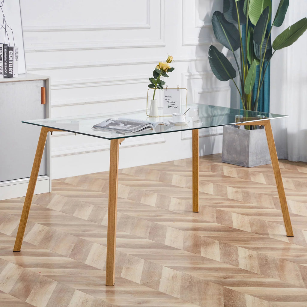 Glass Dining Table Rectangular with Tempered Glass Tabletop and Black Metal Legs O120