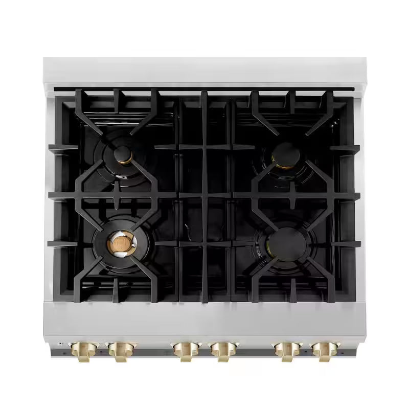 4 Burner Dual Fuel Range in Stainless Steel and Polished Gold N401