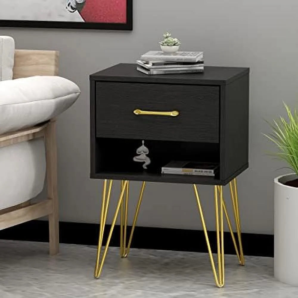 Black Nightstand Set of 2 Wooden End Table with Drawer V270