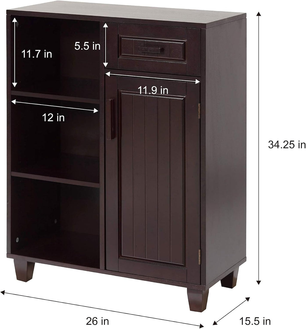 Espresso Wooden Freestanding Floor Cabinet with 3 Open Shelves 1 Drawer 1 Door V614