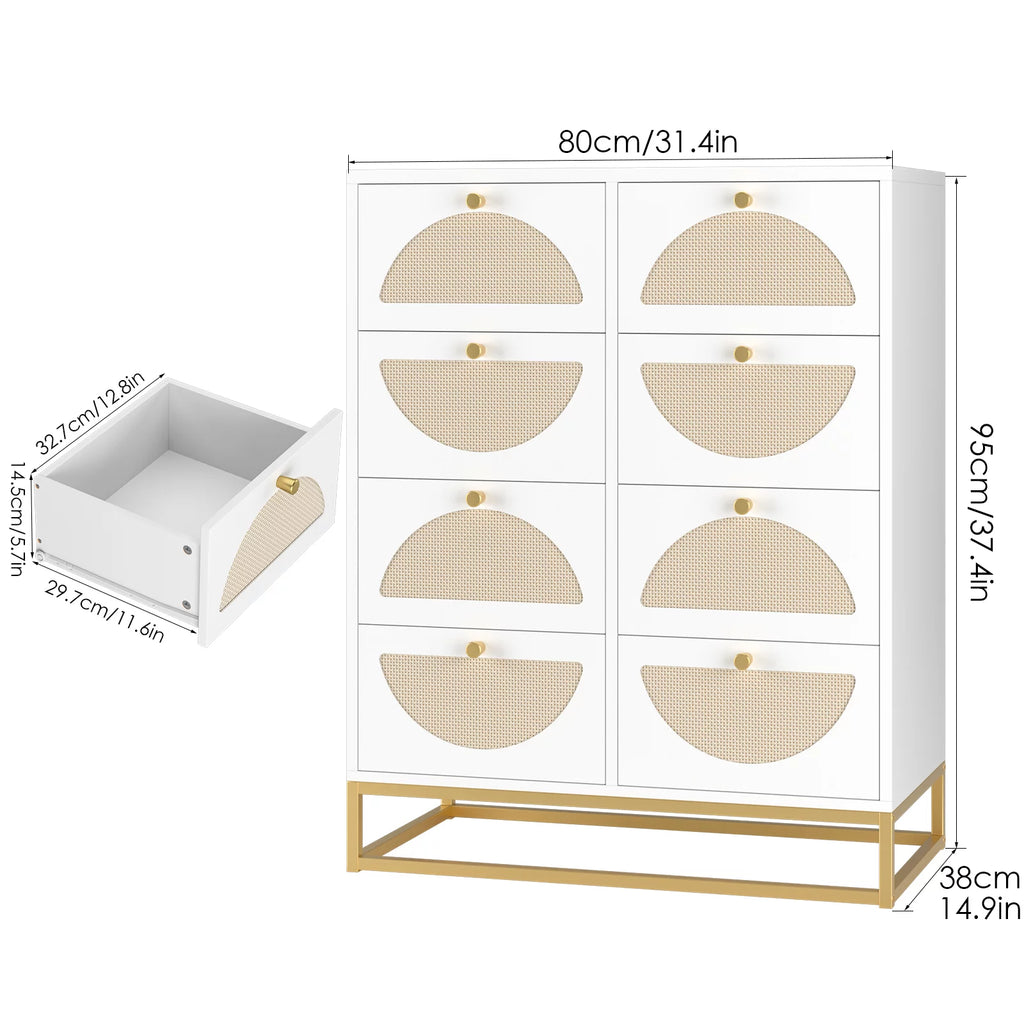 White 8 Drawer Rattan Wood Dresser K81655