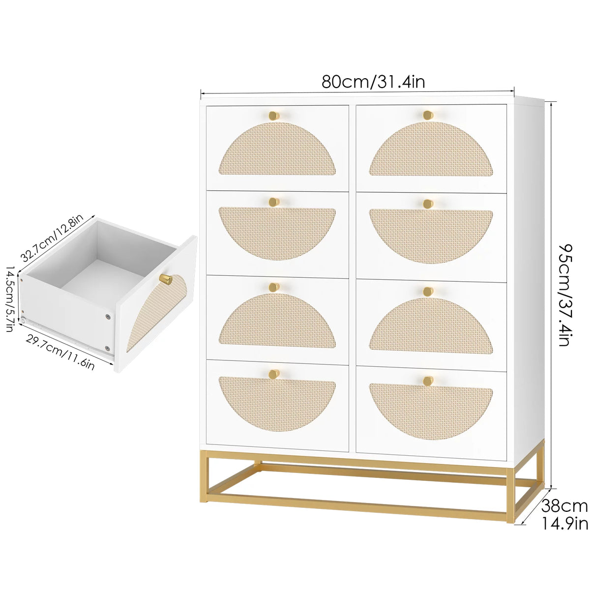 White 8 Drawer Rattan Wood Dresser K81655