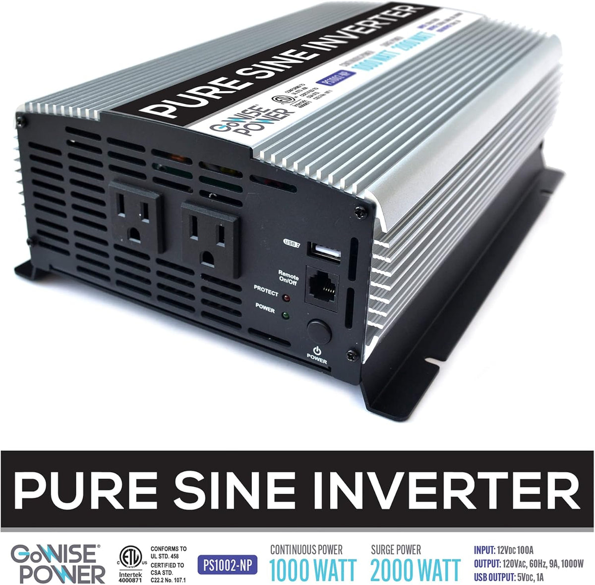 1000W Pure Sine Wave Inverter 12V DC to 120V AC with 2 AC Outlets and USB Port L1114