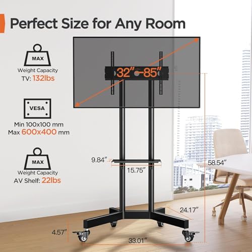 Rolling TV Stand on Wheels for 32-85 Inch Screens up to 132 lbs U65203